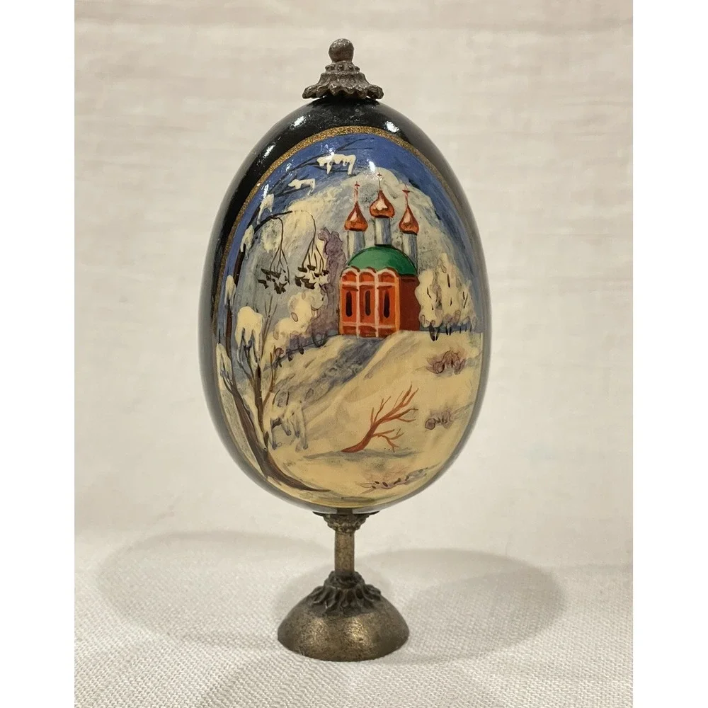 Vintage Russian Hand Painted Lacquer Egg Winter Orthodox Church‎ Signed Usov